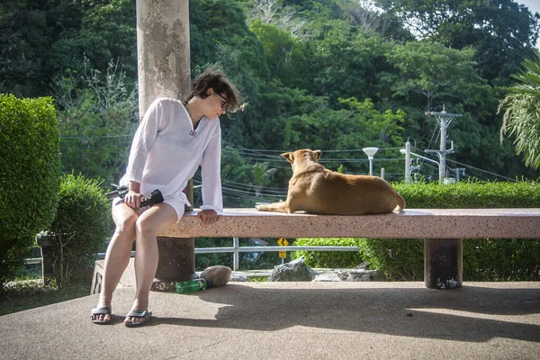 Ragazza Cane Isola Paradisiaca Thailandia — Foto Stock