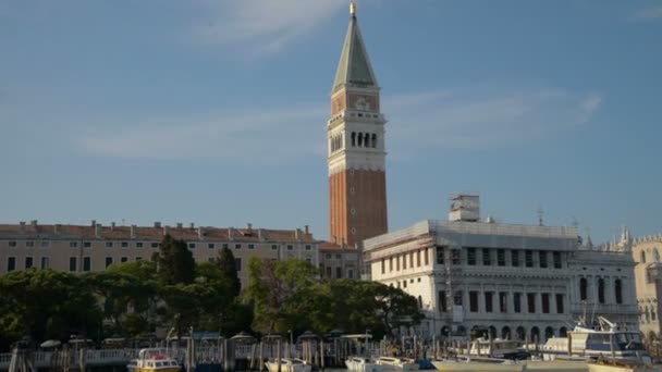 Campanile di Venezia με το φτερωτό λιοντάρι σε το φόντο, βρίσκεται στην Piazza San Marco, Ιταλία. — Αρχείο Βίντεο