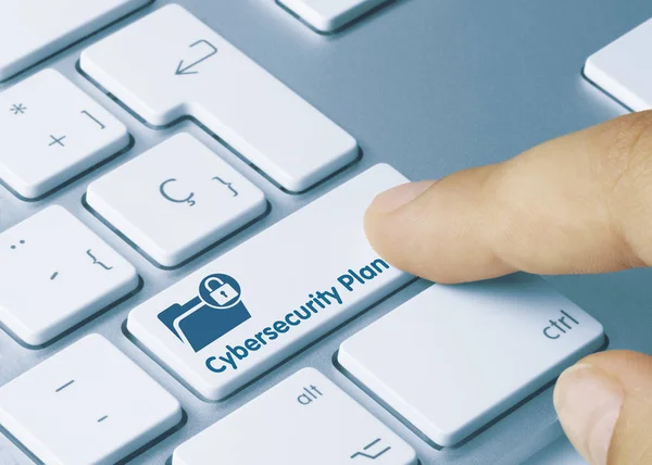 Plano de Cibersegurança - Inscrição na chave do teclado branco . — Fotografia de Stock