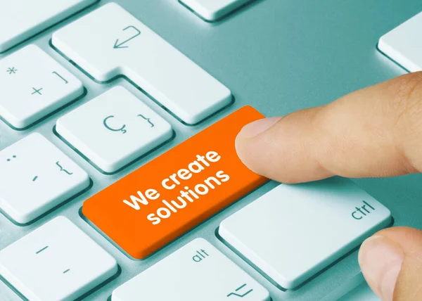 Create Solutions Written Orange Key Metallic Keyboard Finger Pressing Key — Stock Photo, Image