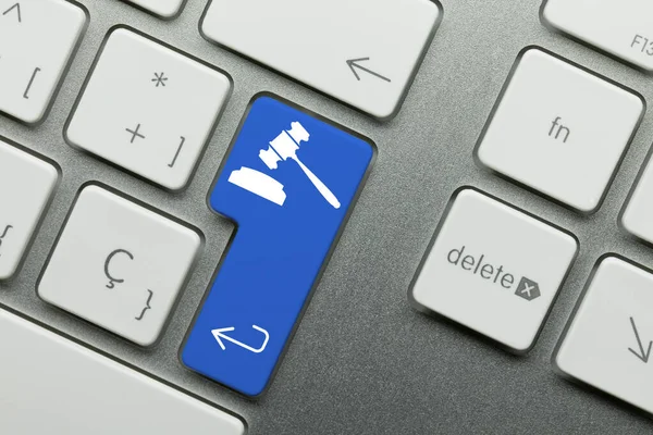 Justice Escrito Blue Key Metallic Keyboard Tecla Pressão Dedo — Fotografia de Stock