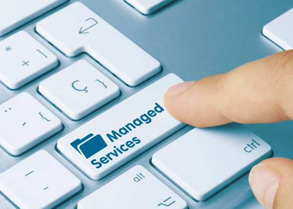Managed Services Written Blue Key Metallic Keyboard Finger Pressing Key — Stock Photo, Image