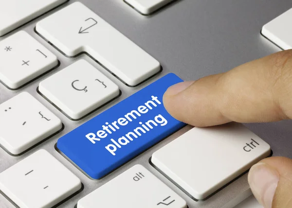 Retirement Planning Written Blue Key Metallic Keyboard Finger Pressing Key — Stock Photo, Image