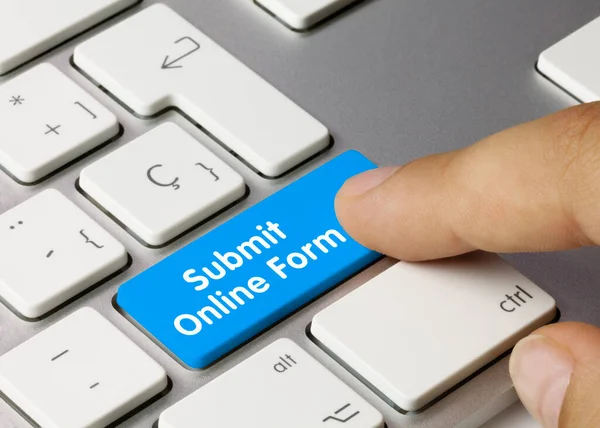 Submit Online Form Written Blue Key Metallic Keyboard Finger Pressing — Stock Photo, Image