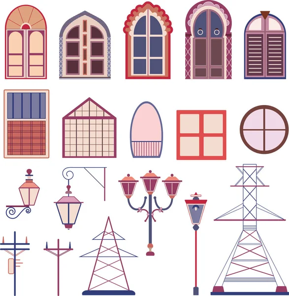 Puertas vectoriales, ventanas, lámparas, etc. . — Vector de stock