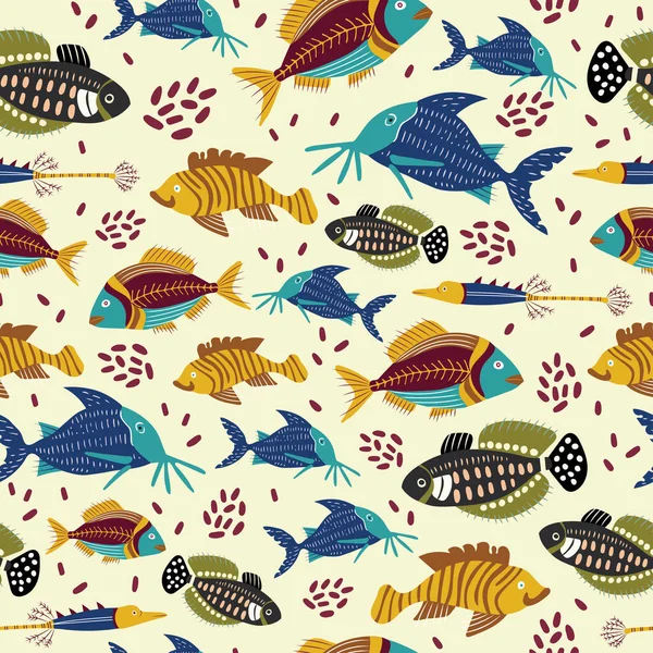 Multiple colorful fish seamless repeat pattern — Stock Vector