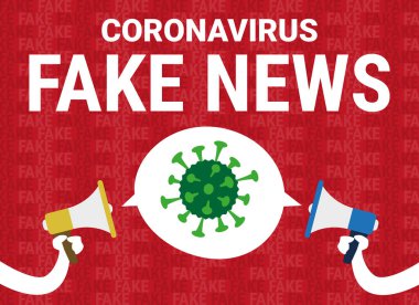 Covid-19 Coronavirus hakkında sahte haberler yayan iki megafonlu bir afişin vektör çizimi