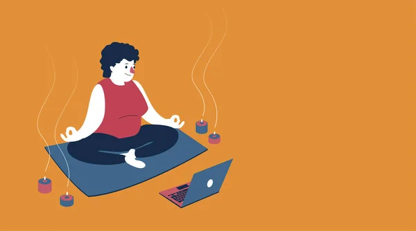 Vektor Illustration Kvinna Lärande Meditation Och Yoga Med Bärbar Dator — Stock vektor