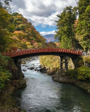 Nikko,Japan  October 2018: Nikko sacred Shinkyo Bridge is one of the most iconic landmarks of Nikko - Japanese town 2 hours by train from Tokyo and one of the UNESCO World Heritage sites.