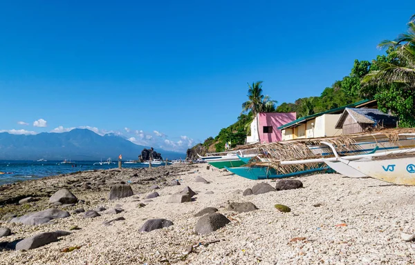 Apo Adası, Negros Oriental, Filipinler - 21 Ocak 2016: Deniz yaşamının popüler turistik merkezi olan küçük Apo Adası 'na yanaşmış bazı teknelerle sahil ve liman.