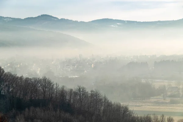 Thick smog over village of Jelesnia in Beskid Zywiecki - the region in Southern Poland known for high air contamination in winter due to the households commonly burning coal for heat.