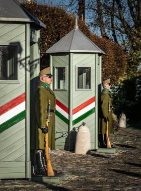 Budapeşte, Macaristan - 5 Ocak 2020: Macaristan Cumhurbaşkanlığı Sarayı önünde hareketsiz duran iki üniformalı Macar muhafız. Buda Kalesi 'nin en ünlü eğlencelerinden biridir.. 