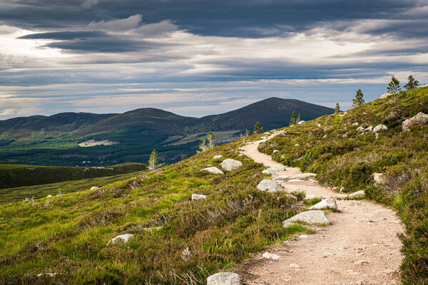 Hiking trail near Aviemore in Scottish Highlands with Cairngorms peaks on the horizon. Scenic summer landscape.