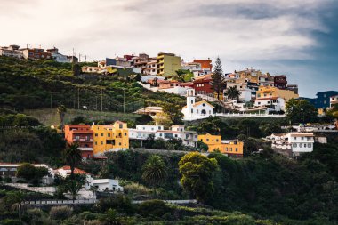 Kuzey Tenerife, Kanarya Adaları 'ndaki Icod de Vinos köyü yakınlarındaki teraslı bir tepenin üstündeki renkli kanarya evleri..