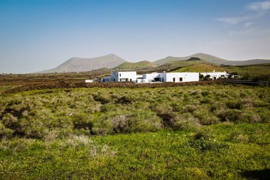 Mancha Blanca yakınlarındaki Lanzarote adasındaki tipik Kanarya beyaz çiftlik evi. Güneşli bir kış öğleden sonrasında arka planda volkan kraterleri var. Sisli volkanik Lanzarote manzarası. Kanarya Adaları, İspanya.
