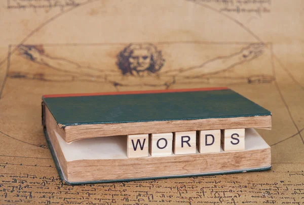 Слово написане на дерев'яному блоці в старовинній книзі  . — стокове фото
