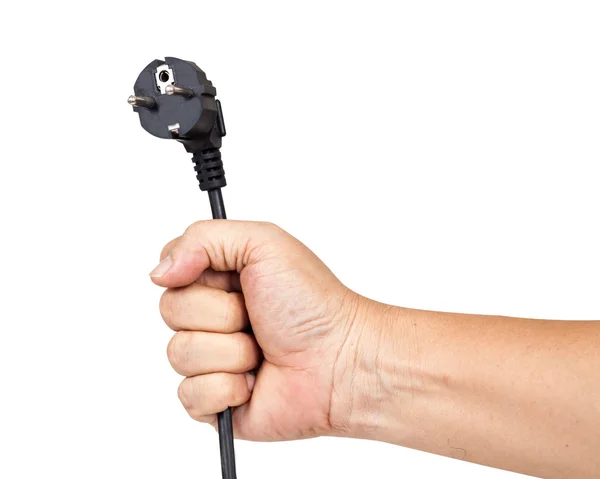 Mão segurando um plugue elétrico preto isolado no fundo branco — Fotografia de Stock