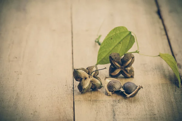 dried capsule seeds fruit of Sacha Inchi peanut on wooden