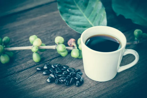 Fresh coffee beans on wood and coffee cup — Stock Photo, Image