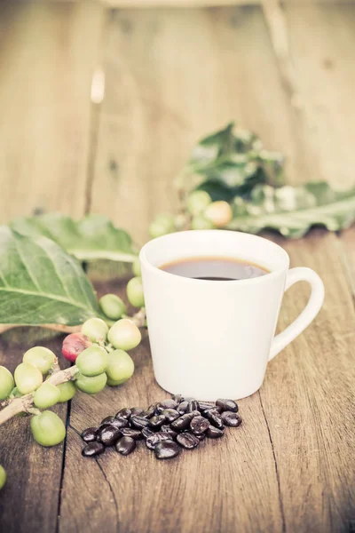 Fresh coffee beans on wood and coffee cup — Stock Photo, Image