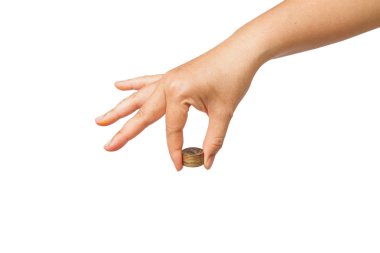 sikke yığını beyaz üzerinde tutan el