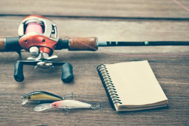 Mücadele - Baitcasting Reel, kitap ahşap arka plan üzerinde Balık tutma