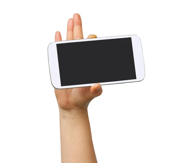 Рука тримає і торкається мобільного телефону — стокове фото