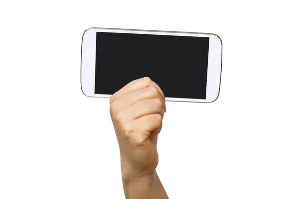 Tenere la mano e toccare un telefono cellulare — Foto Stock