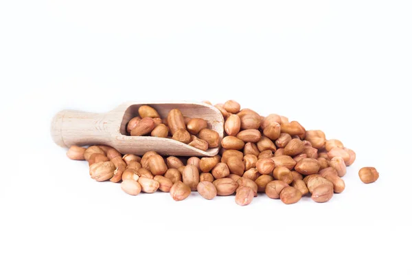 Ground nut or peanut with wood spoon on white background — Stock Photo, Image