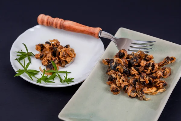 deniz gıda tatlı çanak üzerinde istiridye çatalı kurutulmuş.