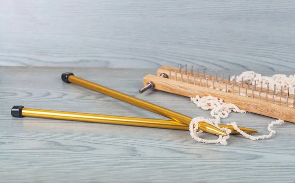 Hand craft tool yarn and knitting on wood — Stock Photo, Image