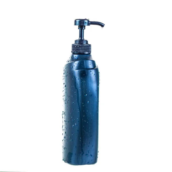 蓝色淋浴瓶与水滴隔离 — 图库照片