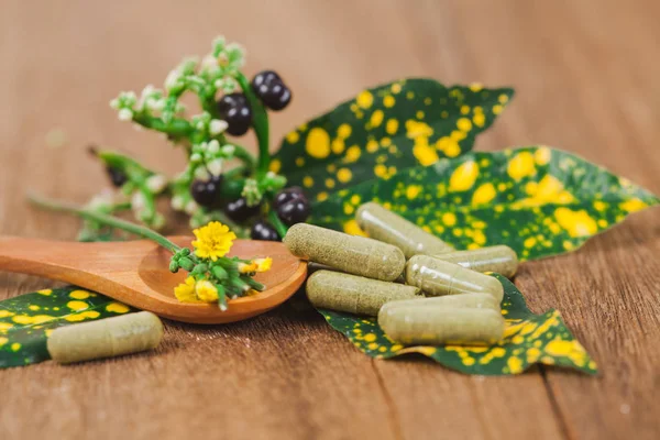 Bitkisel ilaç kapsül bitki sağlıklı beslenme ve iyi yaşam, yumuşak odak rustik ahşap masanın üzerinden.