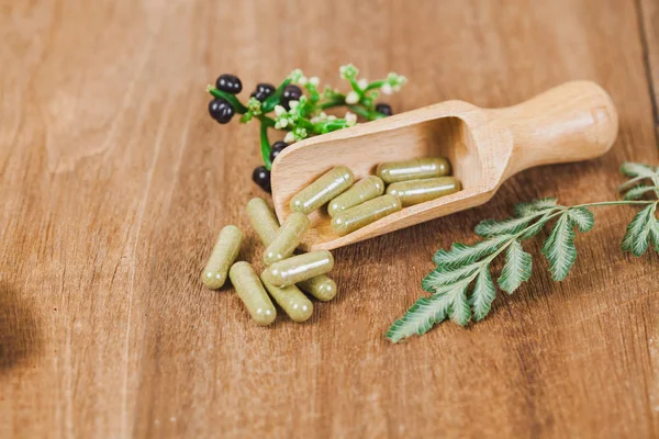 Kruidengeneeskunde Capsules Van Kruid Rustieke Houten Tafel Voor Gezond Eten — Stockfoto