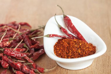 Acı biber beyaz tabak ve ahşap masa üzerinde kurutulmuş biber.