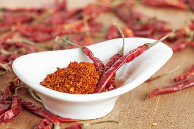 Acı biber beyaz tabak ve ahşap masa üzerinde kurutulmuş biber.