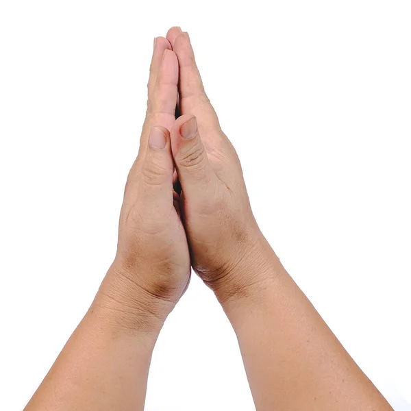 Feche as mãos para orar no fundo branco . — Fotografia de Stock