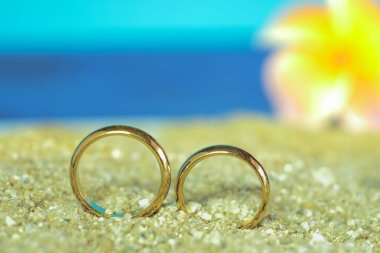 Duo Gold alyansı deniz sahilinde, düğün konsepti.