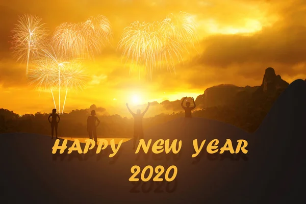 New year 2020 logo and Silhouette young people with sky backgrou