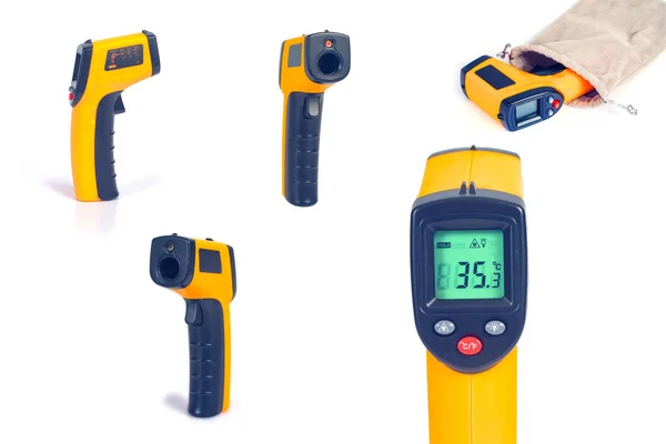 Thermomètre infrarouge jaune utilisé pour mesurer la température sur — Photo