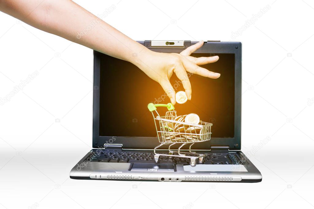 Hand put a coin in to shopping cart on laptop.