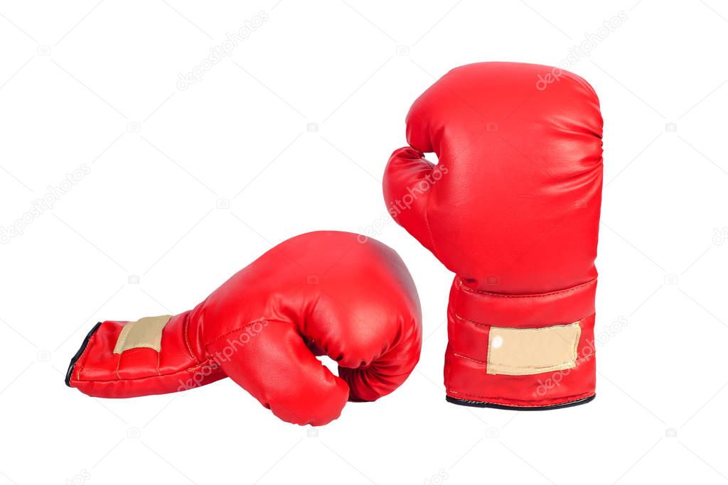 Pair of red leather boxing gloves or mitt isolated on white back
