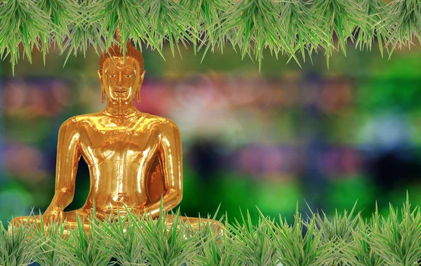 Golden Buddha statue on background religion sign.