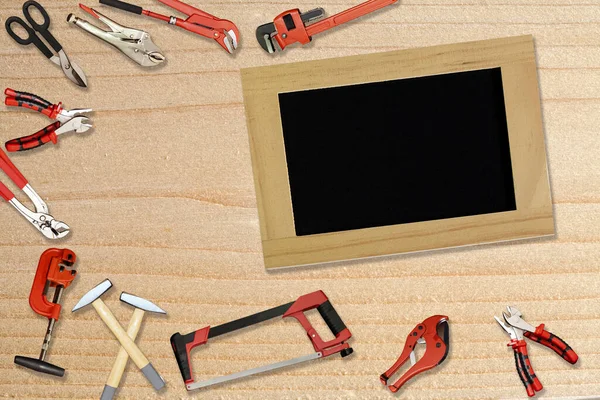 Top View Hardware Tool Blackboard Wood Background — Stock Photo, Image