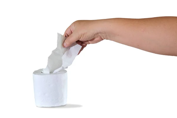 Roll Toiletpapier Hand Met Een Zachte Kleur Achtergrond — Stockfoto