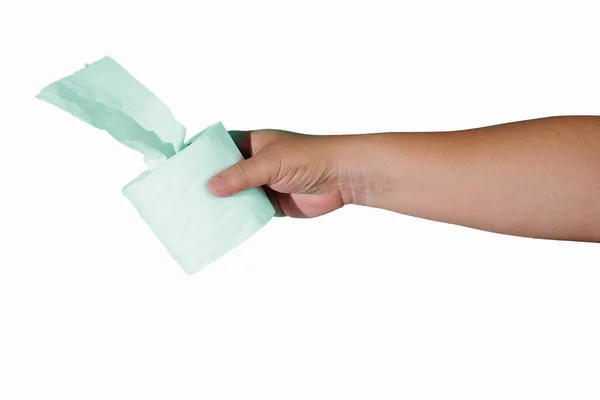 Rolle Toilettenpapier Der Hand Mit Weichem Hintergrund — Stockfoto