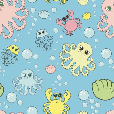 Ahtapot, yengeç, denizanası ve kabuklu, kusursuz bir desen. Çocuk tekstil geçmişi için. Elle çizim.