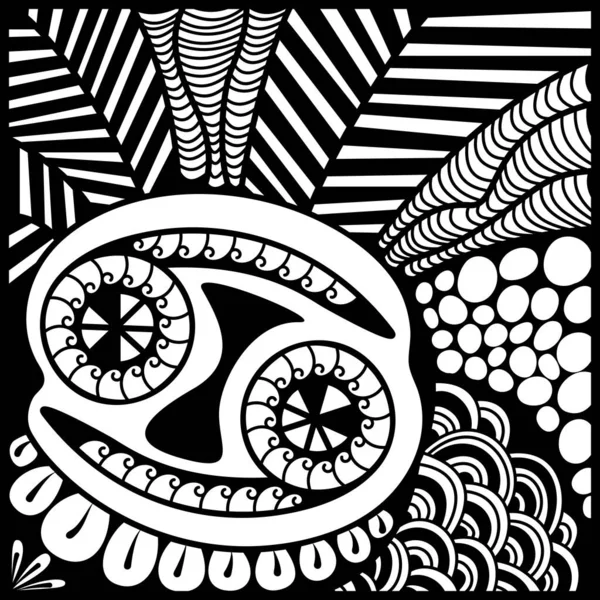 Sihirli tek renkli zodyak işareti Kanser, zen sanatında yapılmış. Vektör antistres çiziyor.