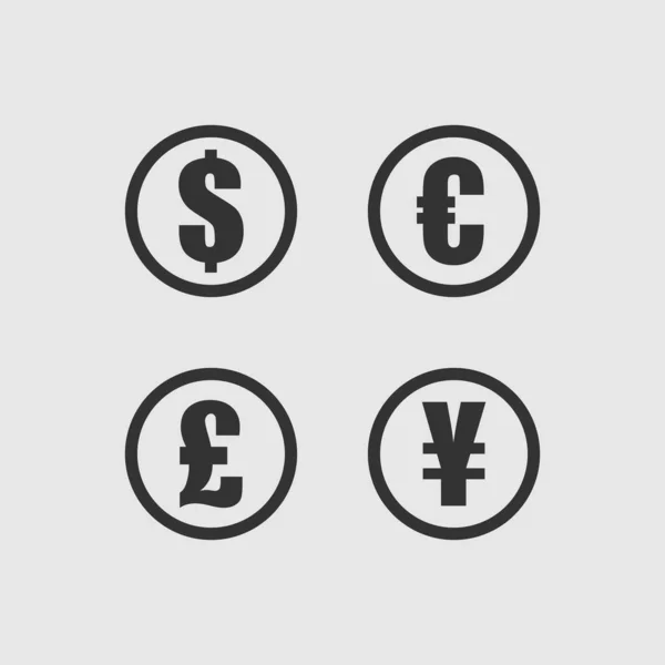 Dollar, Euro, Pound and Yen currency icons. USD, EUR, GBP and JPY money sign symbols. Black icons isolated on gray background. — Stock Vector