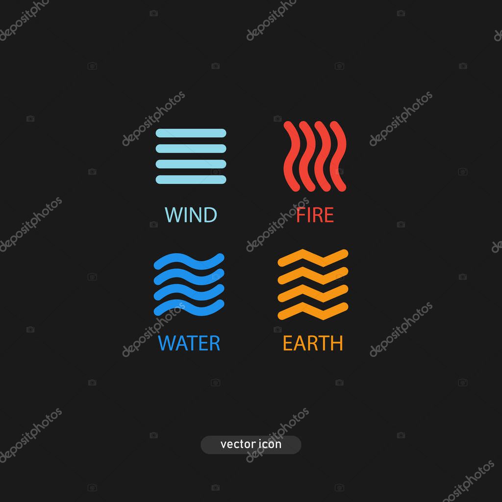 Four elements icons isolated on a gray background. Wind, fire, water, earth. Four simple characters in a flat style. Vector illustration.